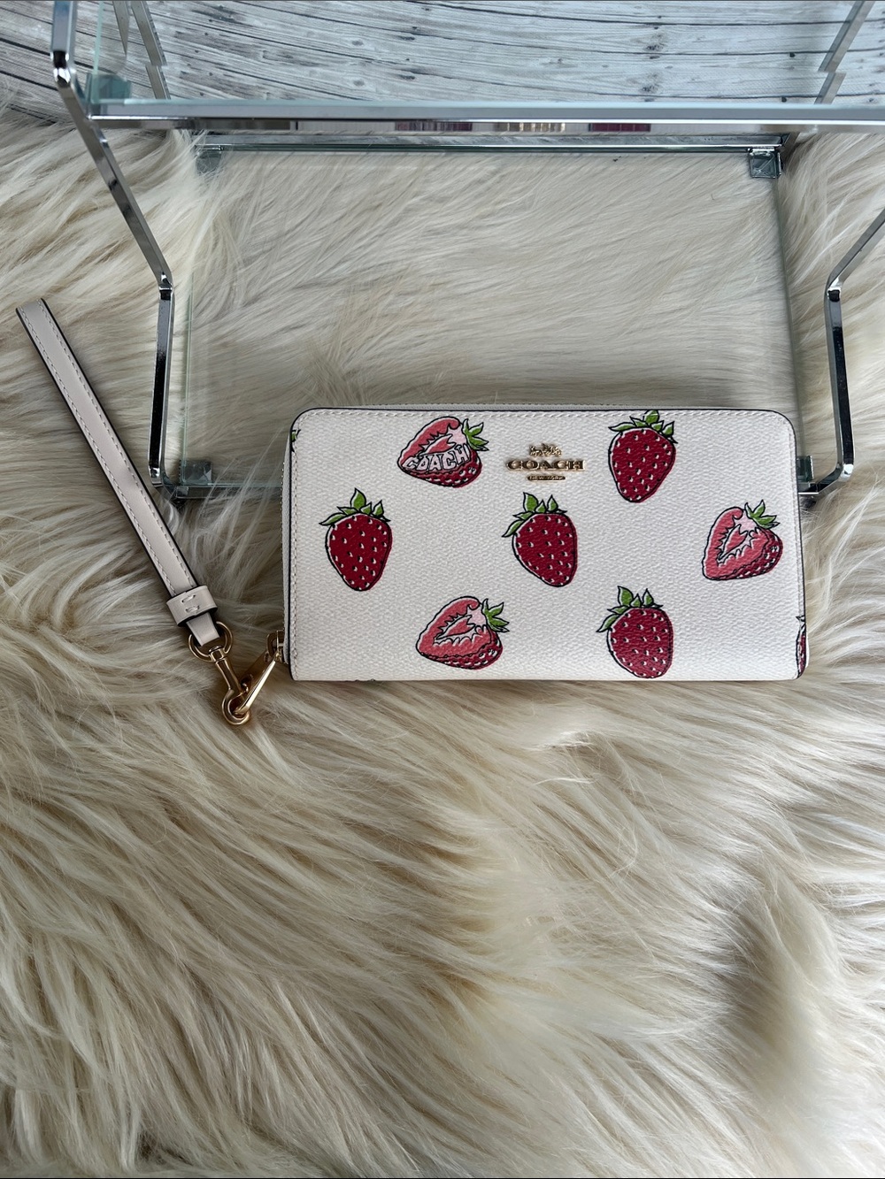 COACH White Strawberry Print Wristlet